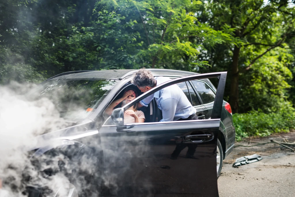 A man leans into a black car, comforting a woman in distress. Smoke billows from the vehicle. The setting is a wooded area, conveying urgency and concern.