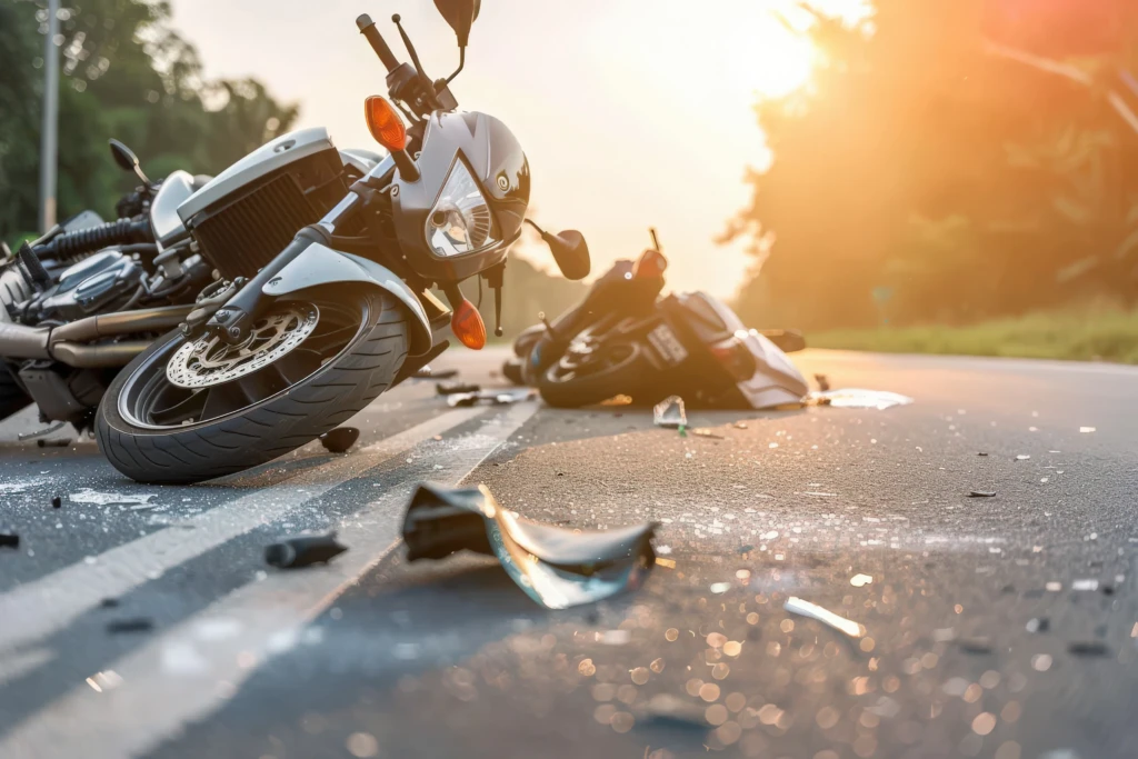 Two motorcycles are crashed and lying on a sunny road with debris scattered around. The image conveys a sense of chaos and urgency.